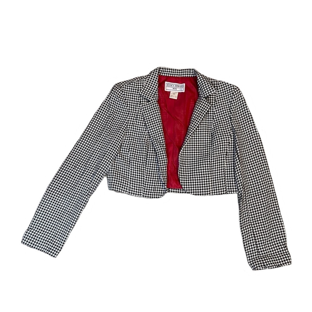 Jessica Howard Black and White Houndstooth Jacket. Open front crop & classic 4p